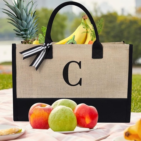 Black & Tan Personalized Initial Jute/Canvas Tote Bag - Picture 2 of 5